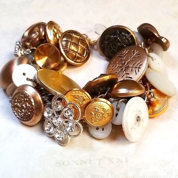 Vintage Rhinestone Pearl Button Charm Bracelet - Picture 2 of 12